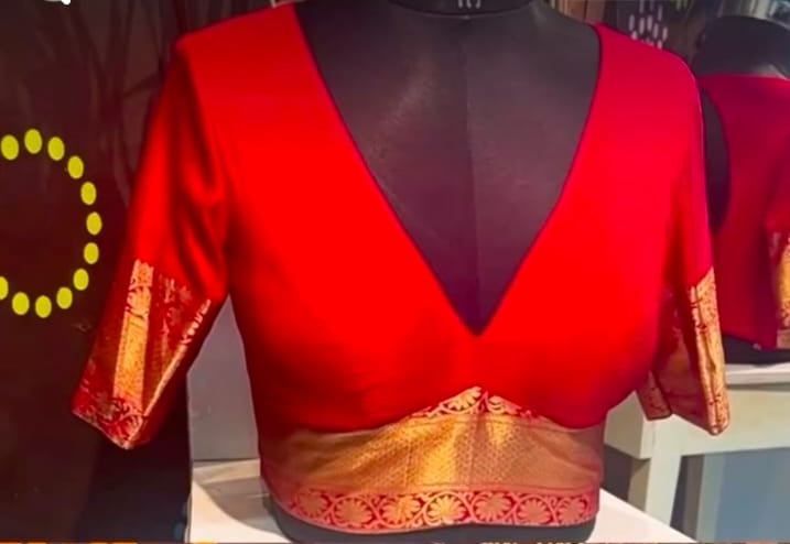 Red Deep V-Neck with Circular Back Cutout Blouse
